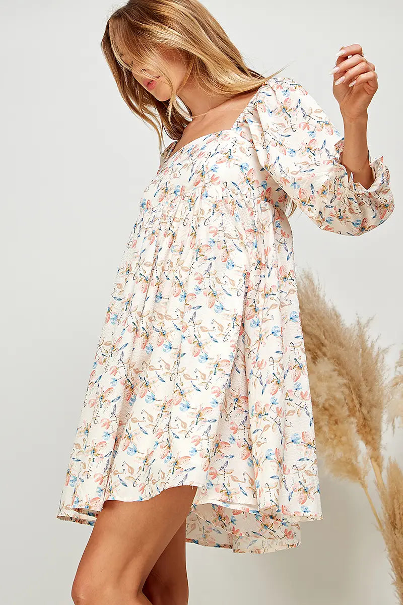 Textured Floral Print Peasant Sleeve Dress