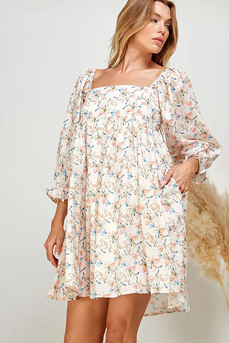 Textured Floral Print Peasant Sleeve Dress