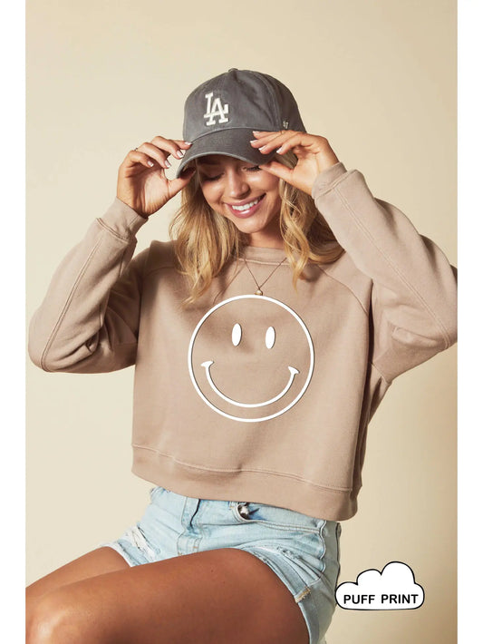 SMILEY FACE Puff Print Mid-Length Sweatshirt CROP